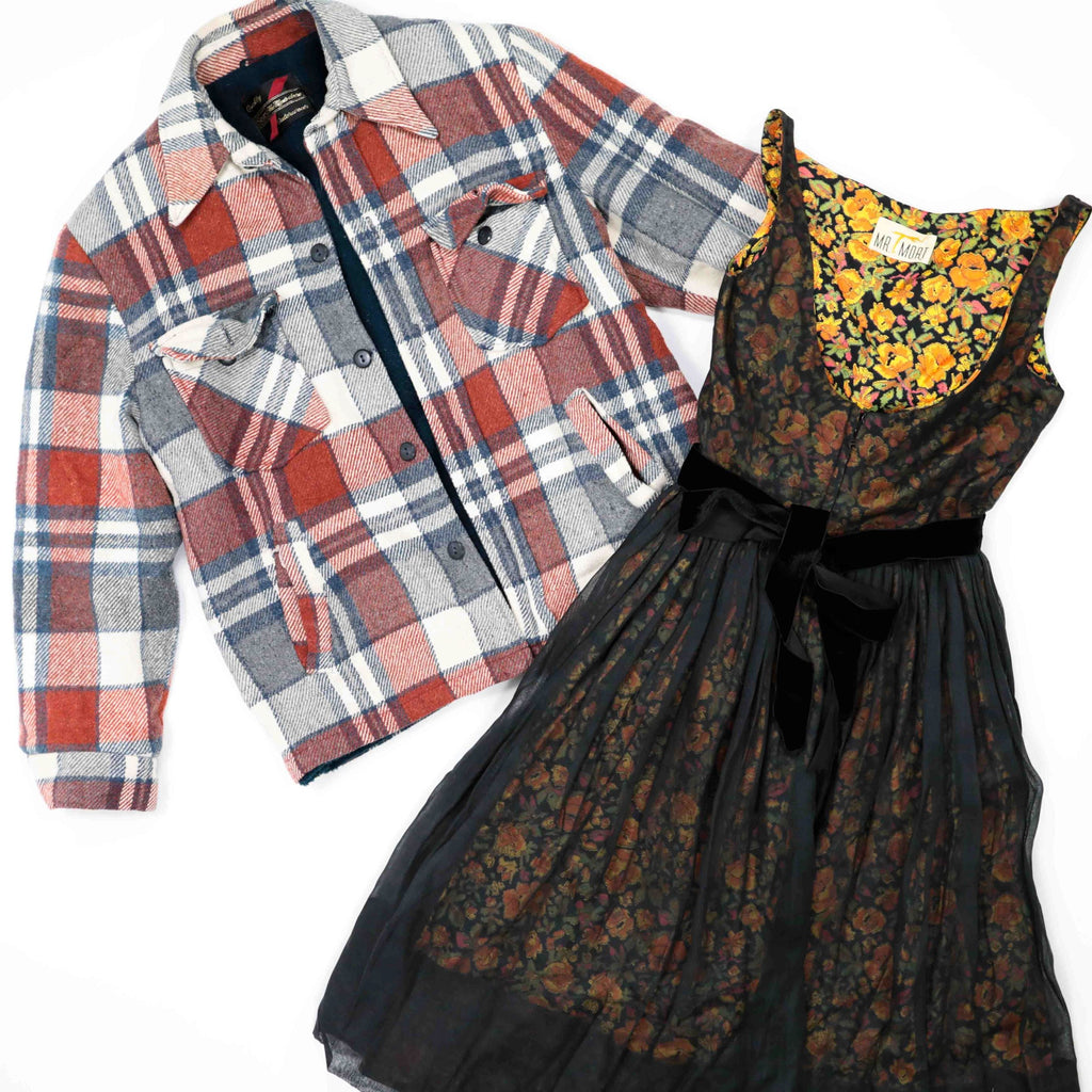 A vintage men's flannel and a lovely vintage women's dress